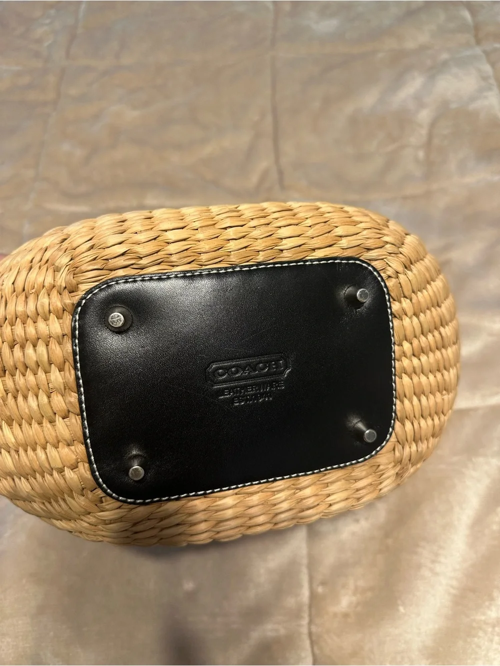 Coach SoHo Woven Straw Tote with Black Leather Trim and Pink Interior